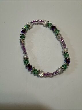 Handmade Purple and Green Beaded Stretch Bracelet